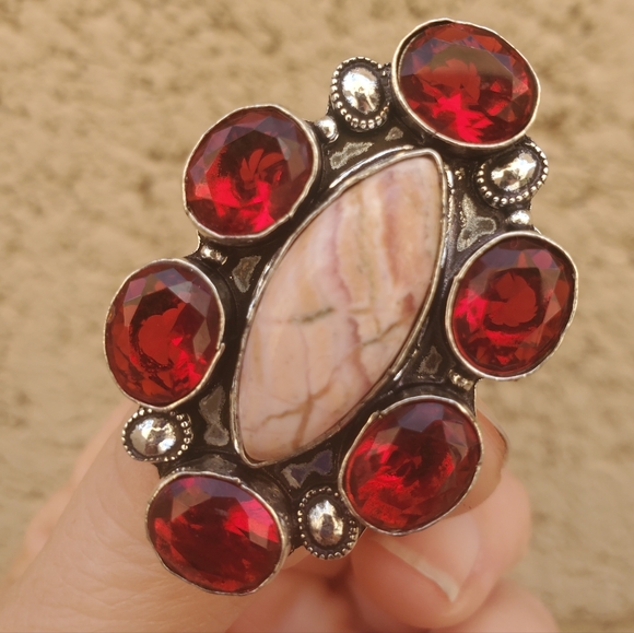 New Oversized Rhodochrosite & Garnet 925 Silver Statement Ring. - Picture 3 of 16